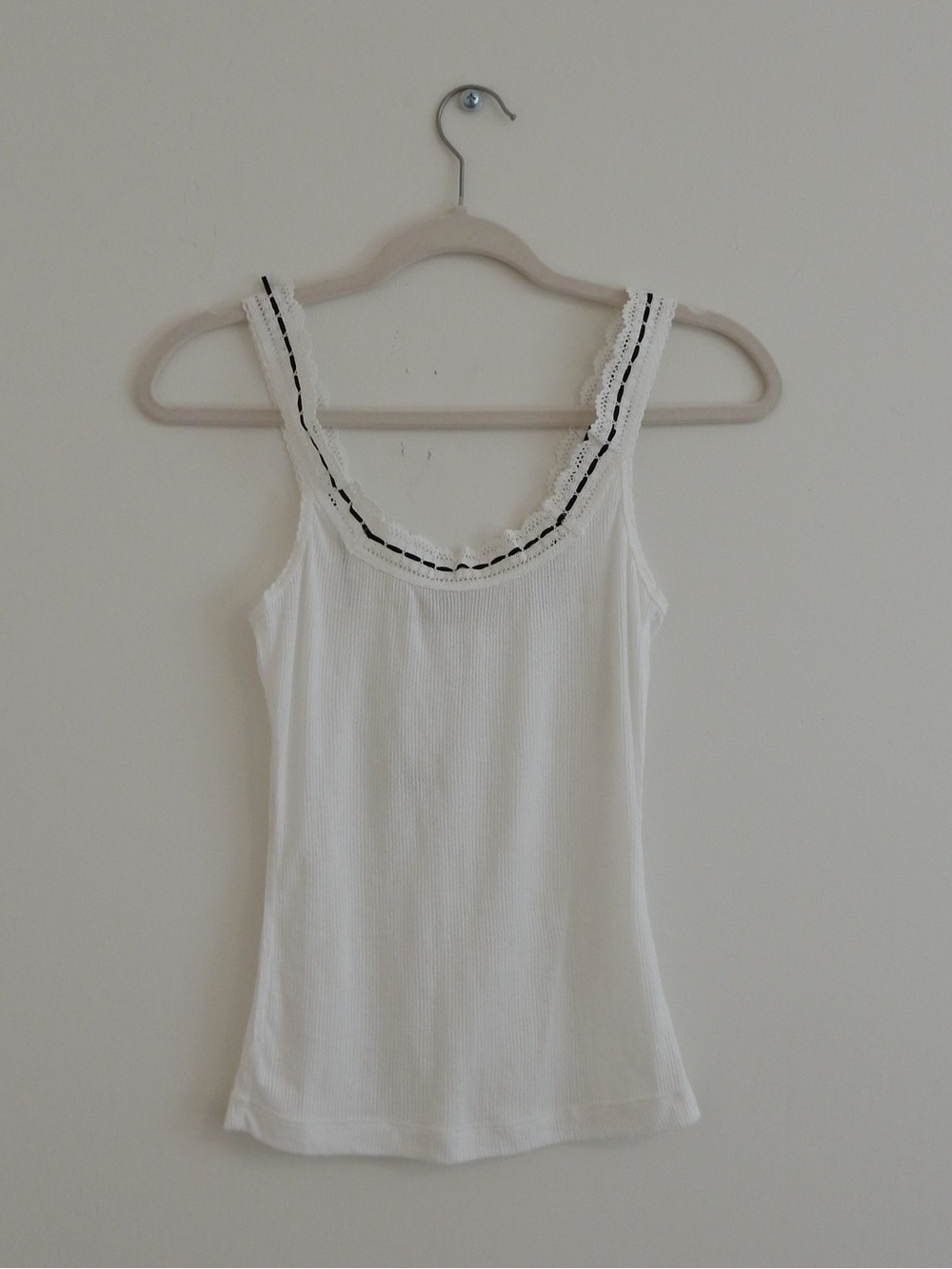 Free People White Lace-Trim Tank with Black Piping